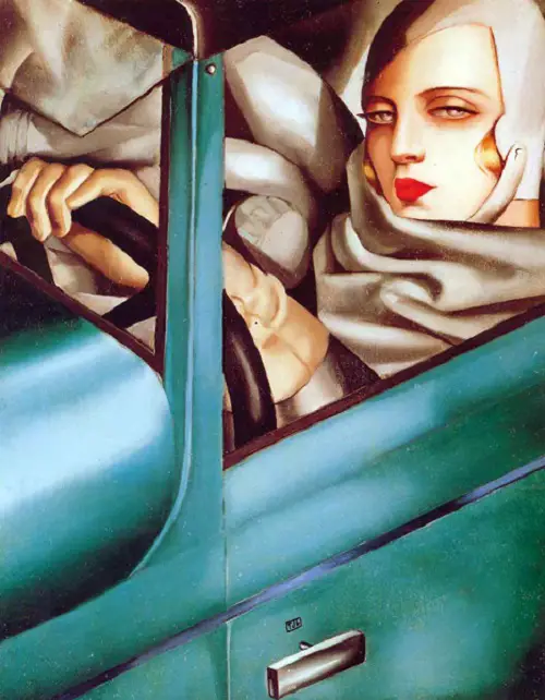 Tamara de Lempicka. Self-portrait in a green Bugatti. 1929 Oil on wood