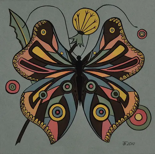 Butterfly. The composition in the circle. Painting by Moscow based Elina Forget-me-not