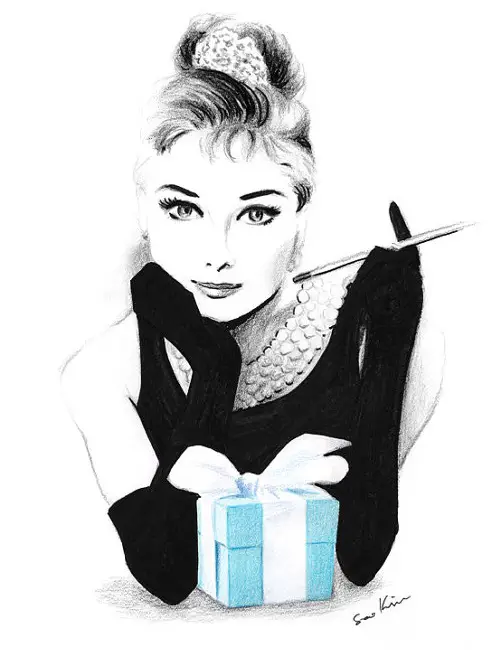 Audrey Hepburn Breakfast at Tiffany’s. Colored pencils, pen and marker. Drawing by Soo Kim