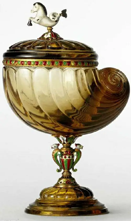 Russian, Fabergé workshop carved smoky quartz gold and enamel cup and ...