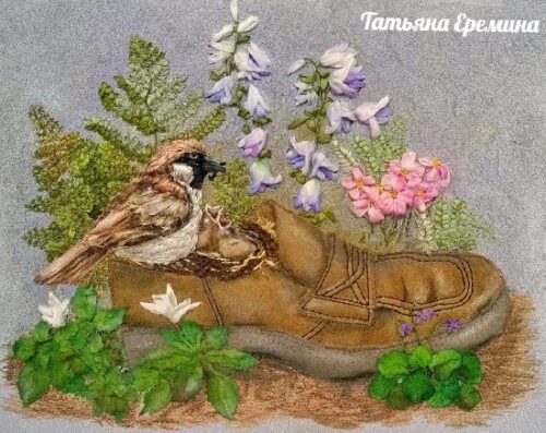 'Bird house'. 2014. Embroidered in the applique technique, many-layered background